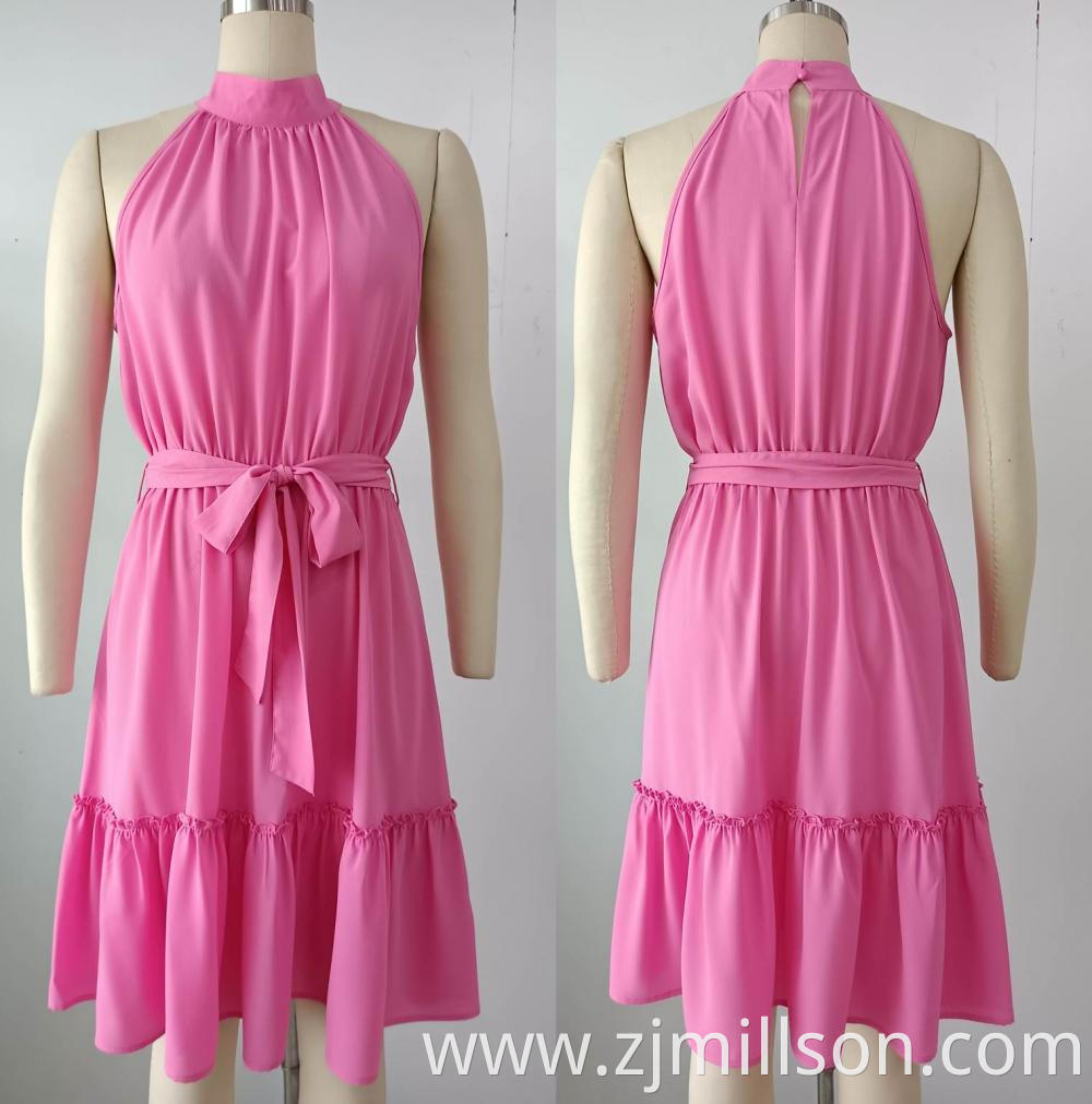 Woven Pink Sleeveless Belt Ruffles Dress